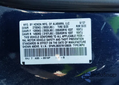 2007 Honda Odyssey Lx from USA, damaged, VIN 5FNRL38207B135626